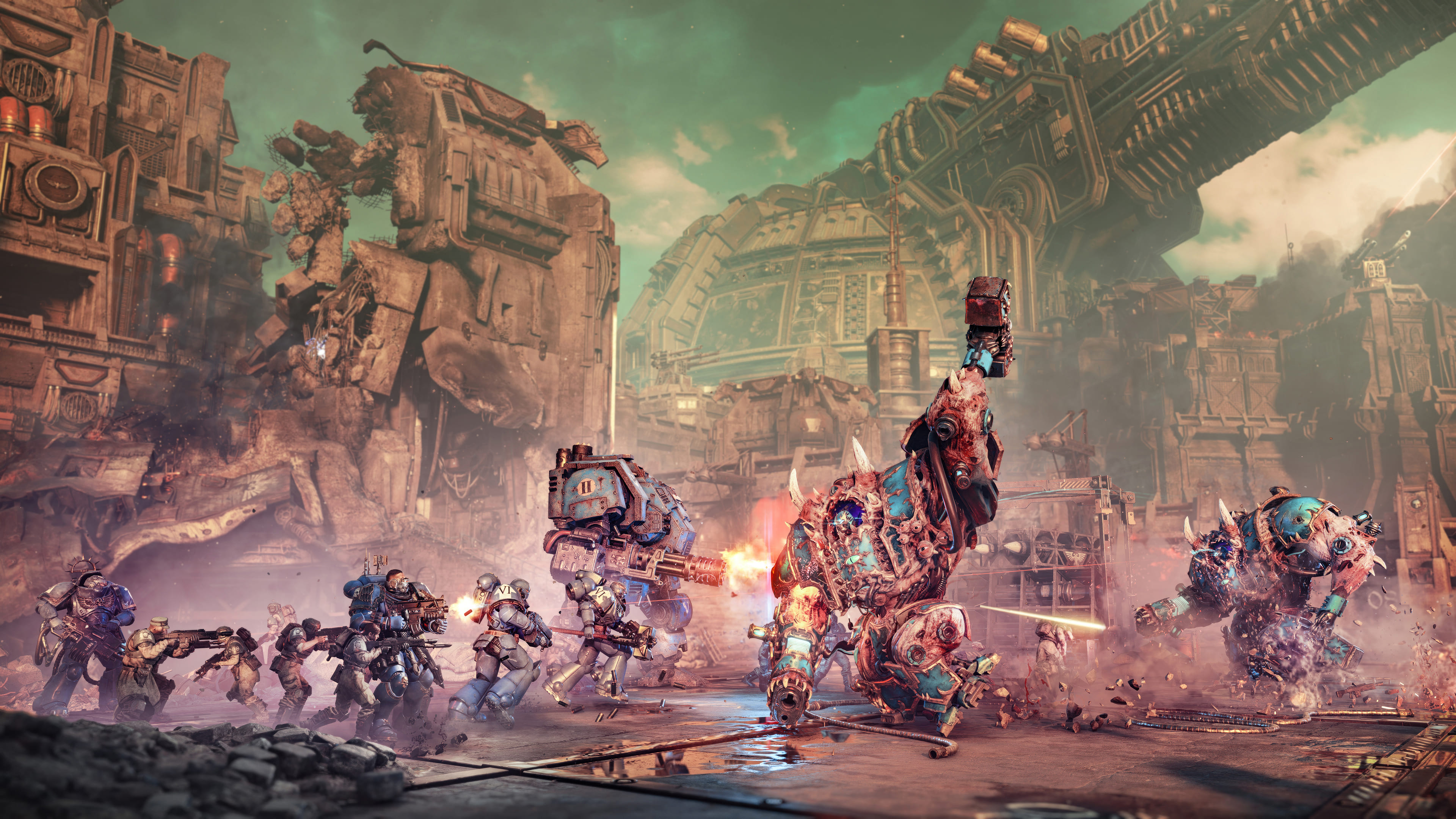 Three Space Marines defend a fortified Kadaku position against a Tyranid wave in Space Marine 2 Siege.