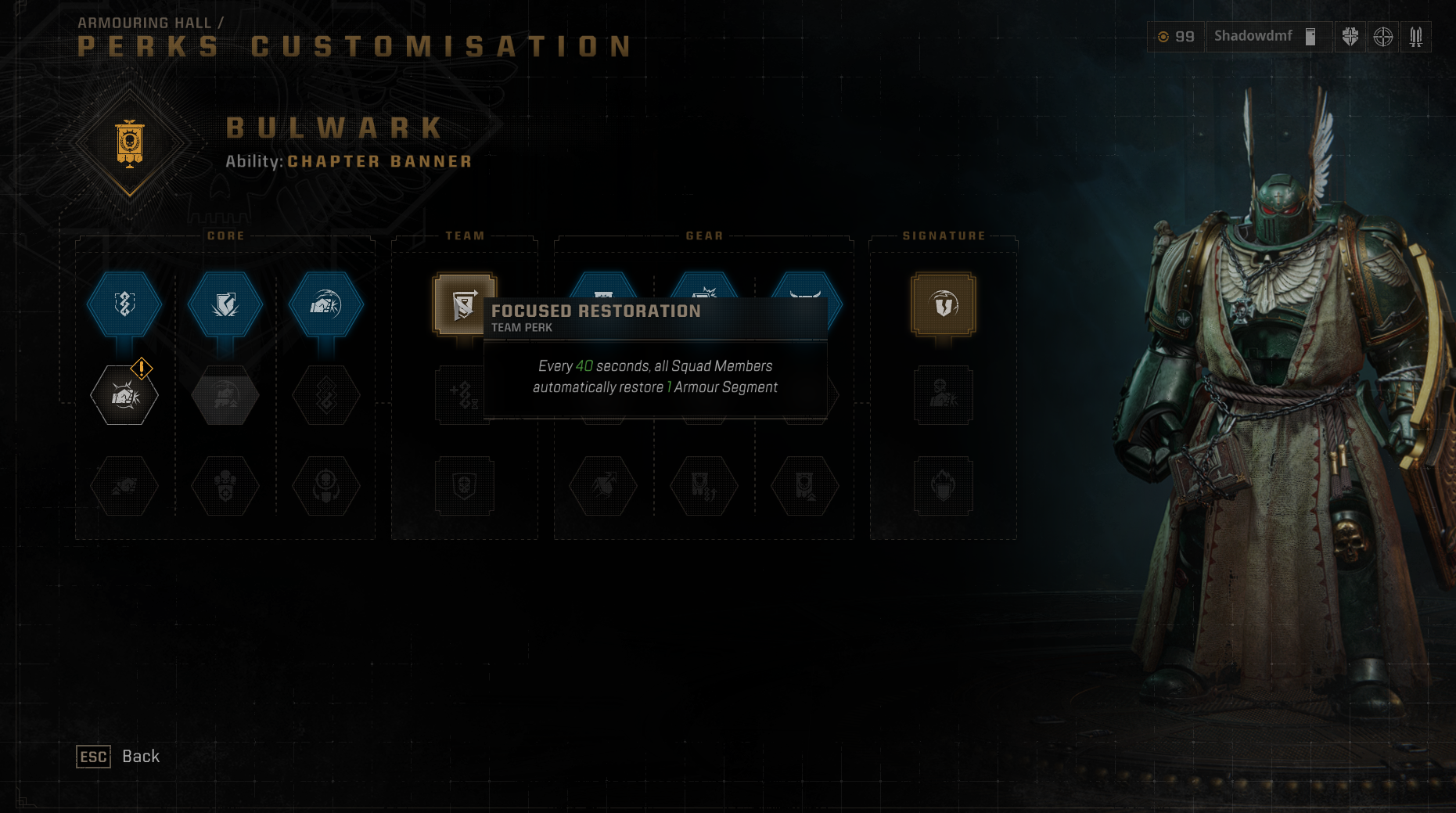 The Bulwark Class Perk Focused Restoration is removing the extra Armor ...